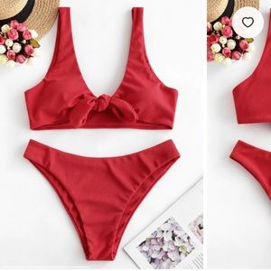 ❤️ NWOT! Zaful Lava Red Tie Front Ribbed Bikini ❤️